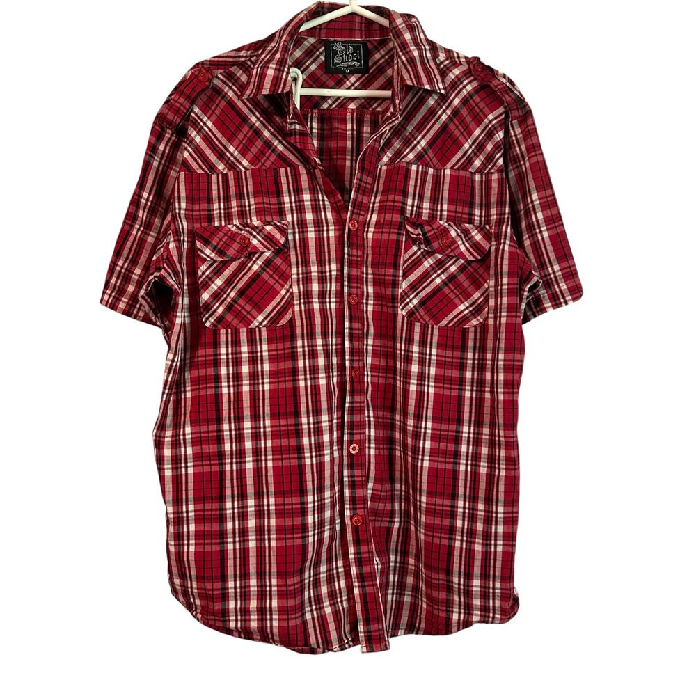 Old Skool Men's SZ Med Red Black White Plaid Short Sleeve Button Shirt Academia